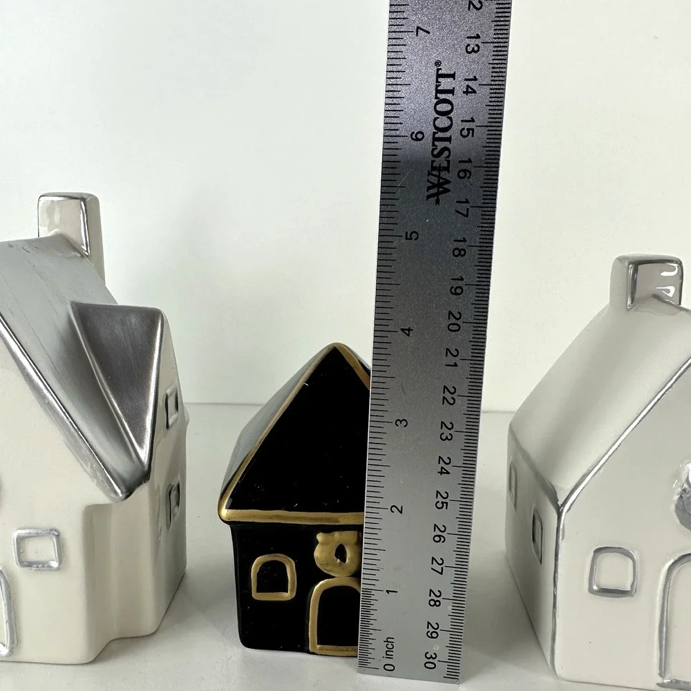 Becki Owens Ceramic Christmas Village Houses Decor Set Of‎ 4  Black White Gold